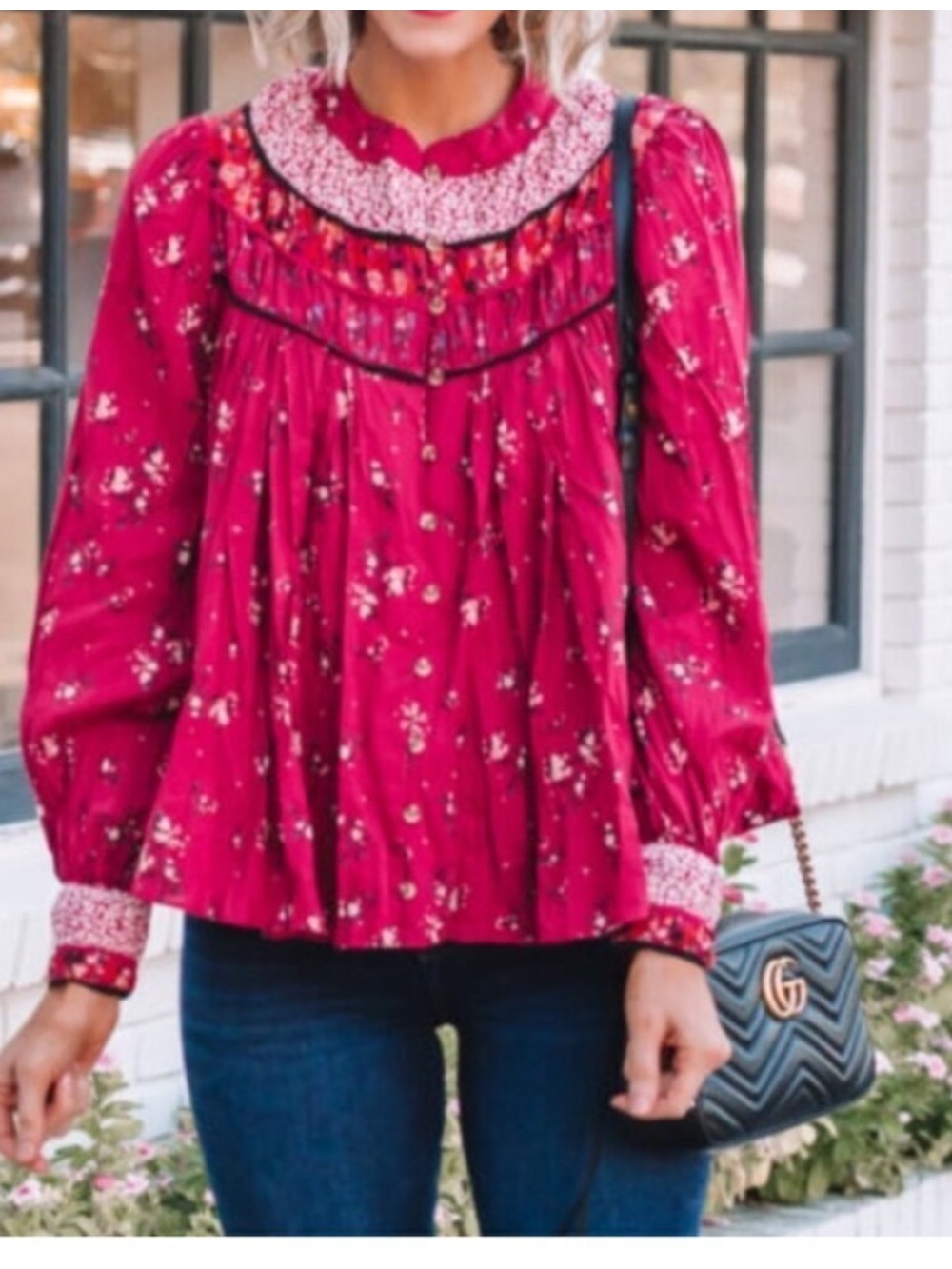 Free People Paloma Printed Blouse Red Berry Button Up Cottagecore